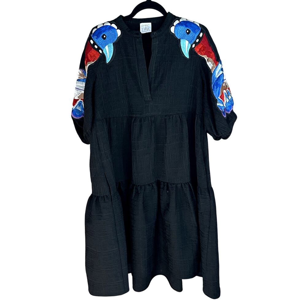 Stella Jean Bird Embroidered Short Sleeve Tiered Midi Dress Black. - Picture 2 of 6